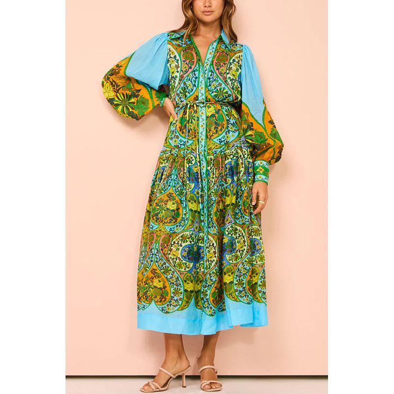 

Cross-Border Foreign Trade 2024 New Arrival Print Cardigan Shoelace Large Swing Lapel Long Sleeves Dress Women Image color S