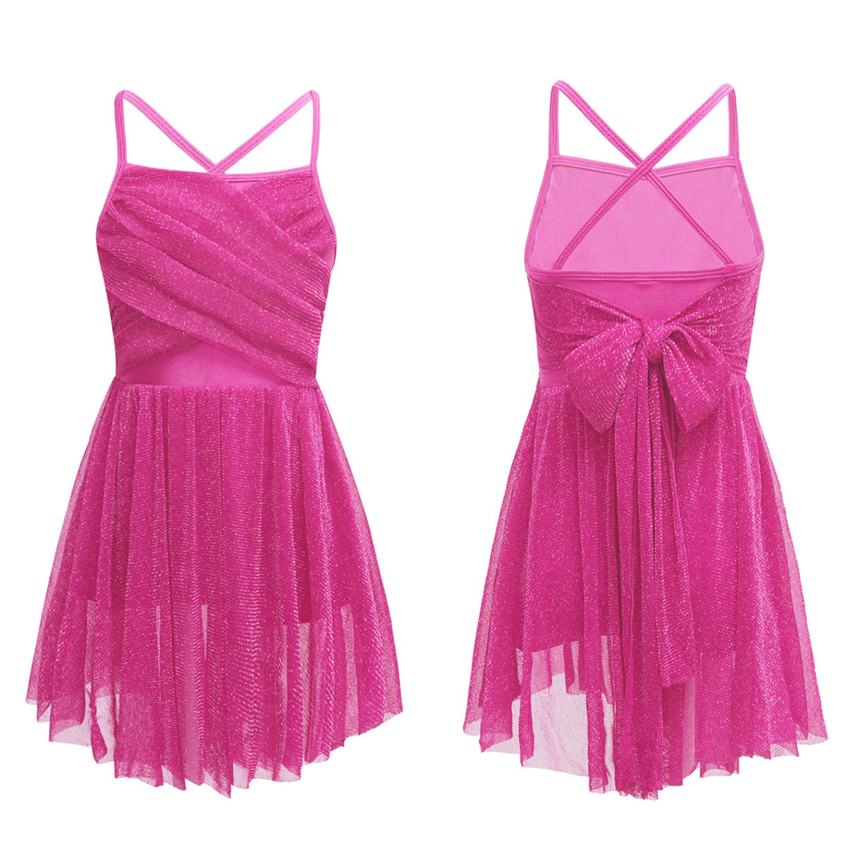 IEFiEL Meisjes Spaghetti Chiffon Ballet Dans Jurk Mouwloos Giltter Mesh Gymnastiek Turnpakje Overlay Lyrische Ballerina Kostuum 13-14 Years helder roze