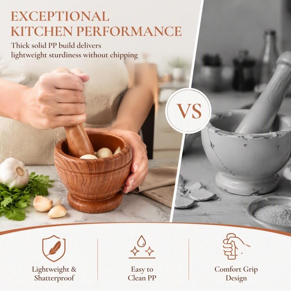 Wood Grain White Mortar and Pestle Set Lightweight Design Manual Pestle Set Garlic Crushing