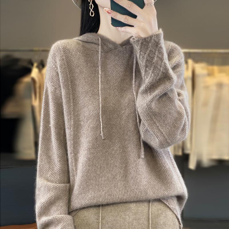 2024 Autumn/Winter Women's Pure Wool Hooded Knit Pullover - College Style Sweater