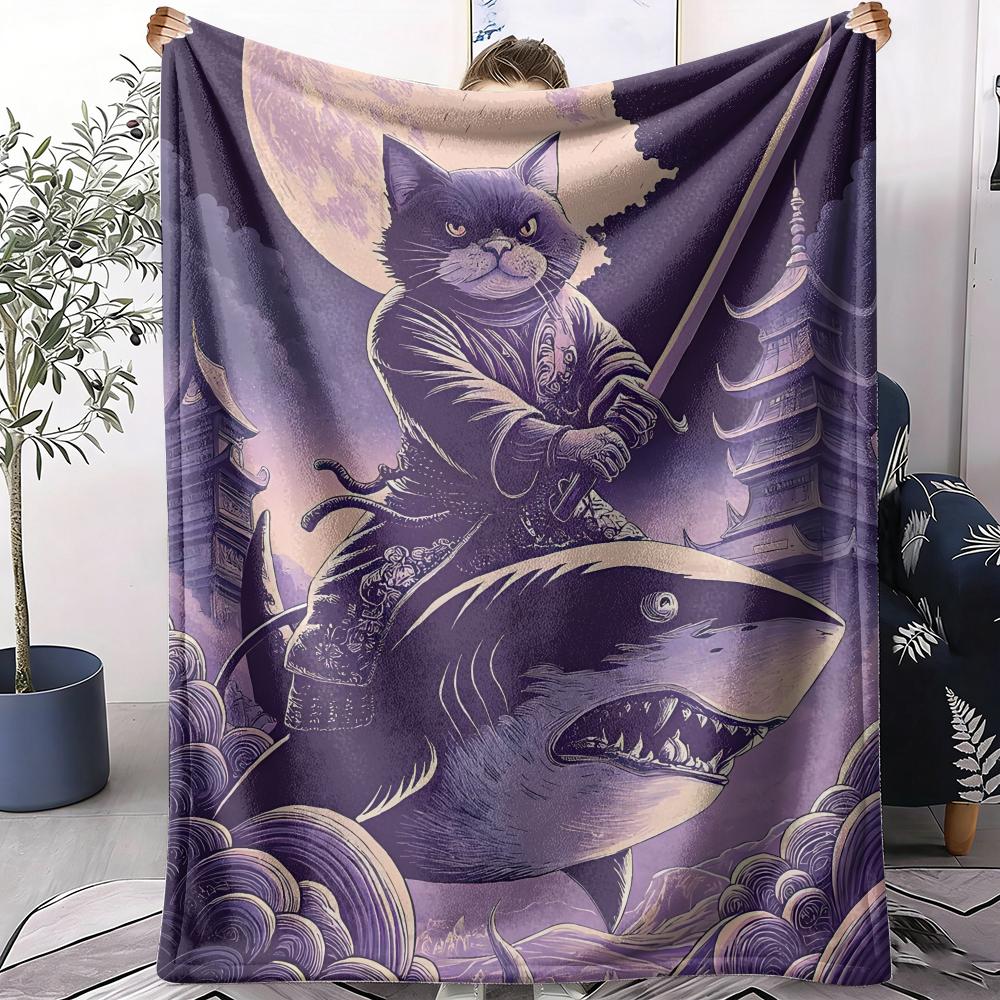 Cat Riding a Shark Throw Soft Flannel AC Blanket Lightweight Summer Nap Throw Cozy  Blanket for Sofa Bed Travel Home