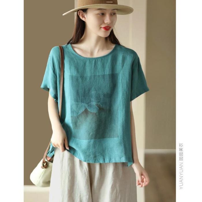 Retro Cotton and Linen Printed Short-sleeved Literary T-shirt In Summer Loose and Slim Casual and Versatile Pullover Top