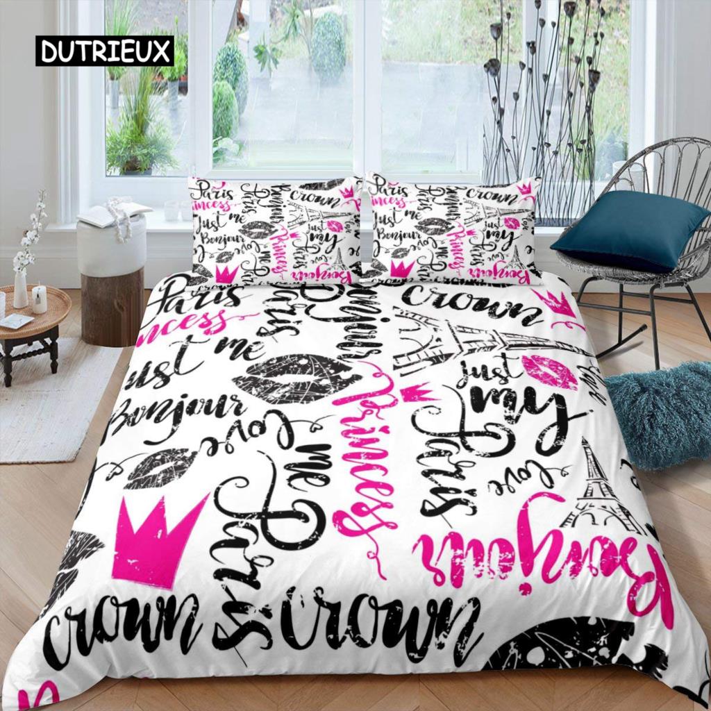 Queen Duvet Cover Set Hand Drawn Crown with Queen Lettering Baroque Style Elements Twin Bedding Set Black and White Quilt Cover