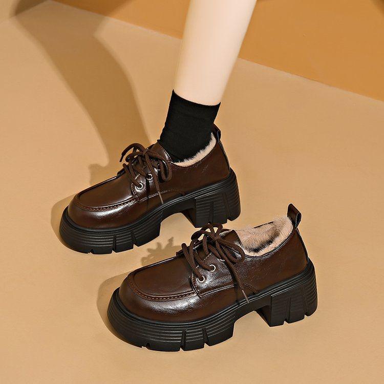 Dámské mokasíny v britském stylu z černé kůže - Zimní, sametově podšité, hřejivé, silná podrážka