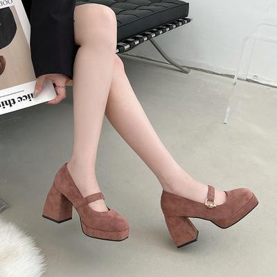 Black French Thick Heel High Heel Mary Jane Shoes Women's 2025 New Autumn and Winter Suede with Skirt Light Mouth Square Head Single Shoes