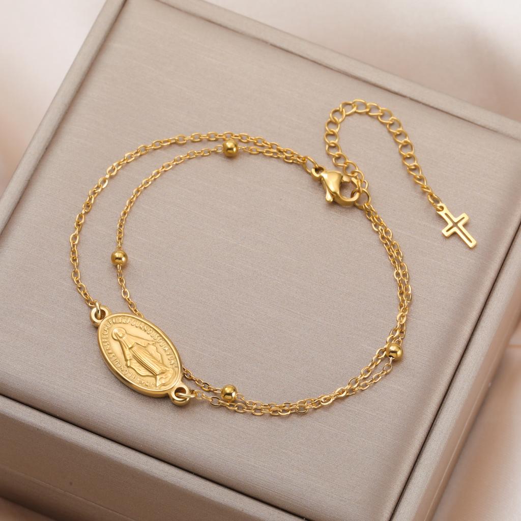 LIKGREAT Virgin Mary Bracelet Cross Pendant for Women Stainless Steel Religious Catholic Amulet Jewelry Gift Adjustable Chain
