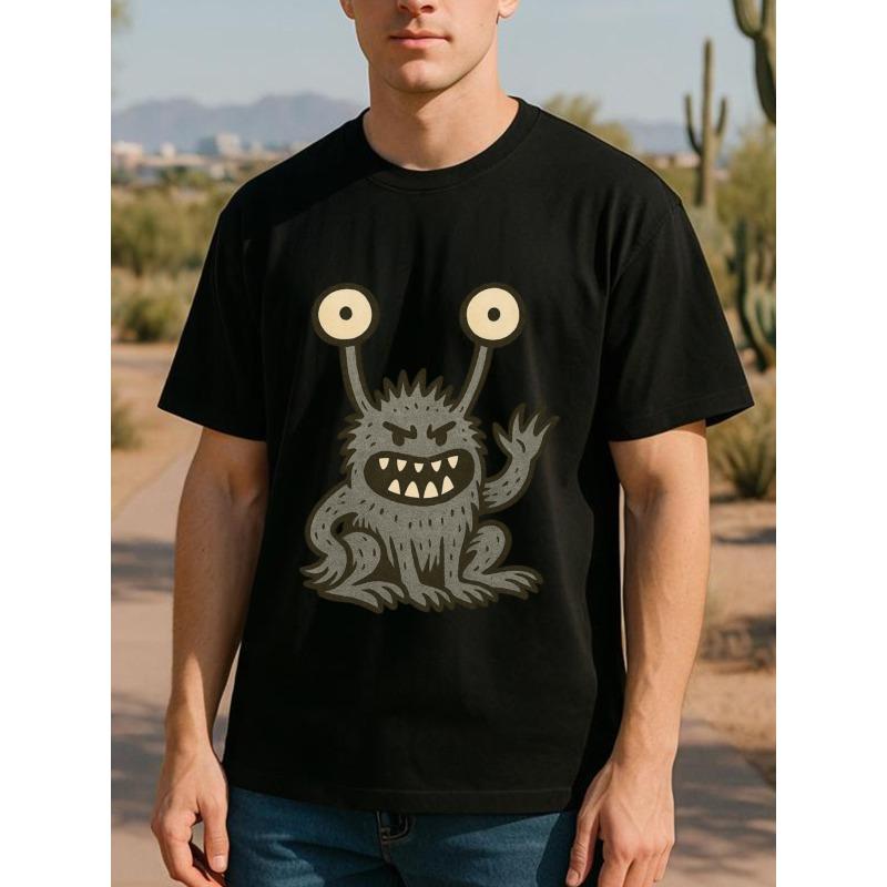 

European Size Four-Eyed Grey Monster Men S Printed Short-Sleeved T-Shirt, Patterned Printed T-Shirt for Men, Breathable Fabric 4XL чорний