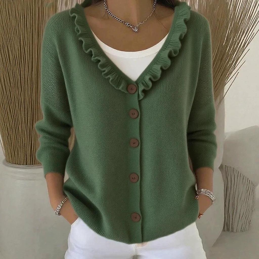 2026 European & American Autumn/Winter V-neck Knit Cardigan: Casual Solid Color Wood Ear Edge Sweater Coat for Women
