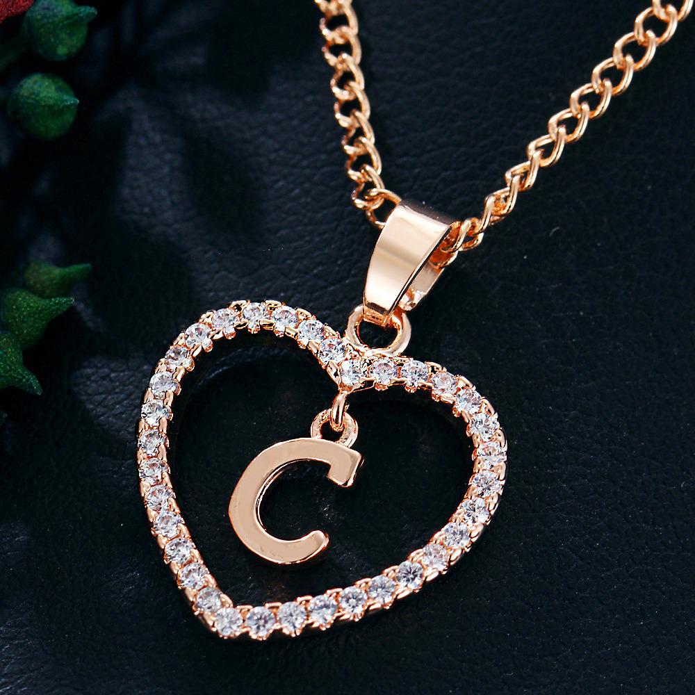 Heart Pendant Zircon Letter Necklace - 26 Letters Available