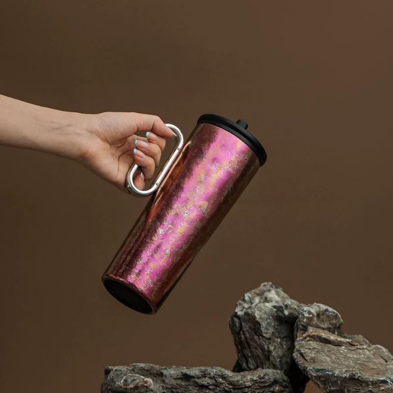 710ml Women's Pure Titanium Coffee Thermos Cup with Handle And Straw Double-layer Vacuum Water Bottle Outdoor Drinkware Gift Mug