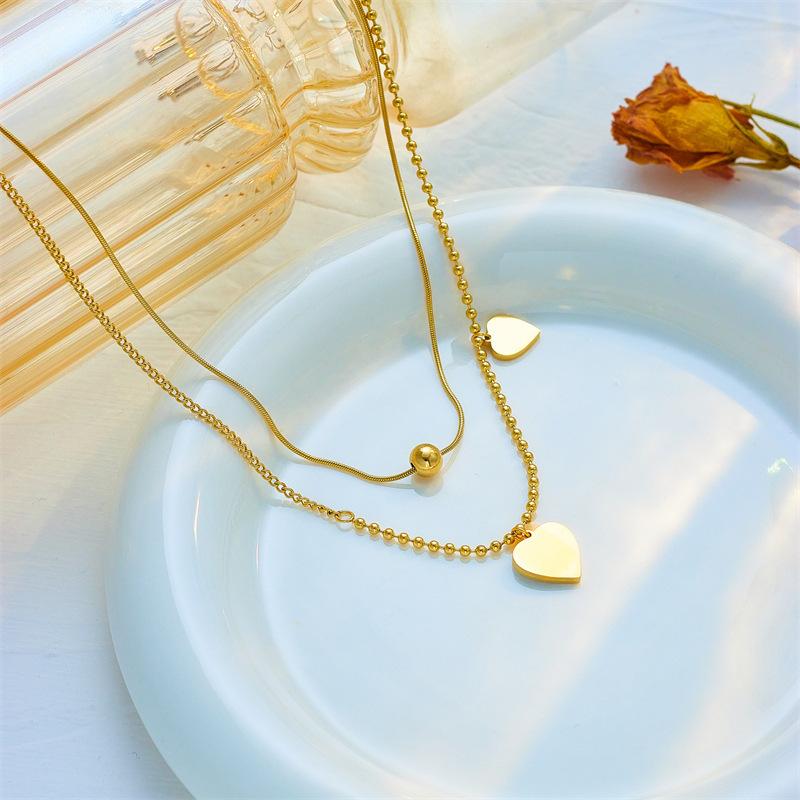 Gold Plated Stainless Steel Double Layer Mother of Pearl Heart Necklace