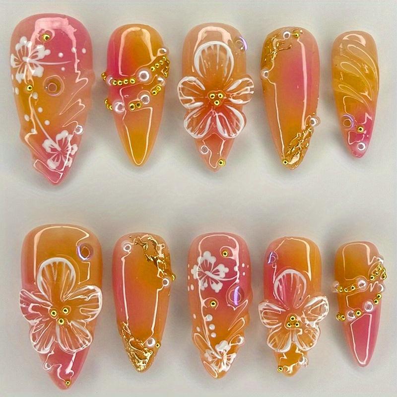 

24pcs Glossy Press-On Nails Medium Length Almond Shape, Floral Gradient Design, Pink & Golden Glitter Accents, Reusable Fake Nails for Hands & Feet