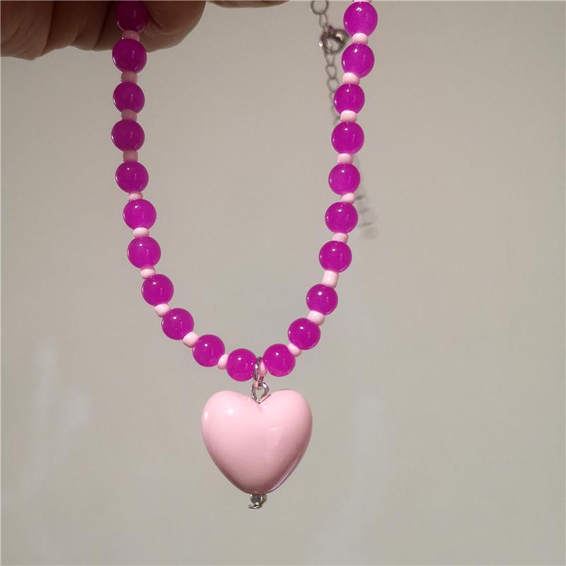 2026 New Color Beaded Chain Resin Heart Pendant Necklace For Women Girls Trendy Clavicle Chain Delicate Jewelry Gift