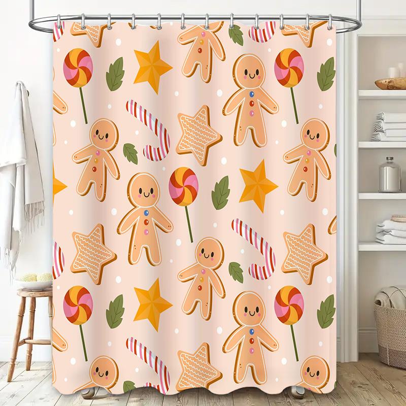 Cozy Christmas Shower Curtain Set Gingerbread Man Candy Land Decorative Bathroom Liner with Hook