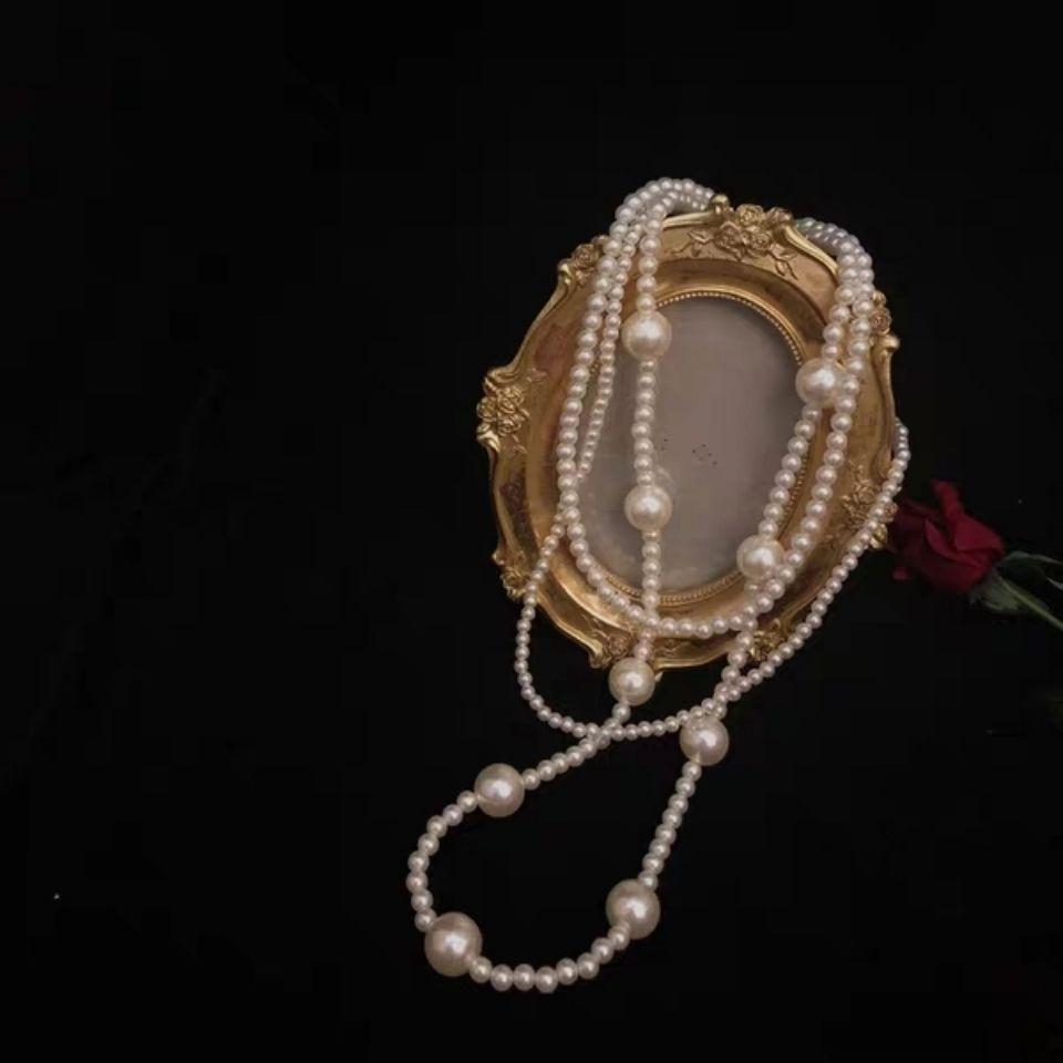 New retro glass pearl necklace multi-layer celebrity temperament hand-woven long necklace collarbone with court style