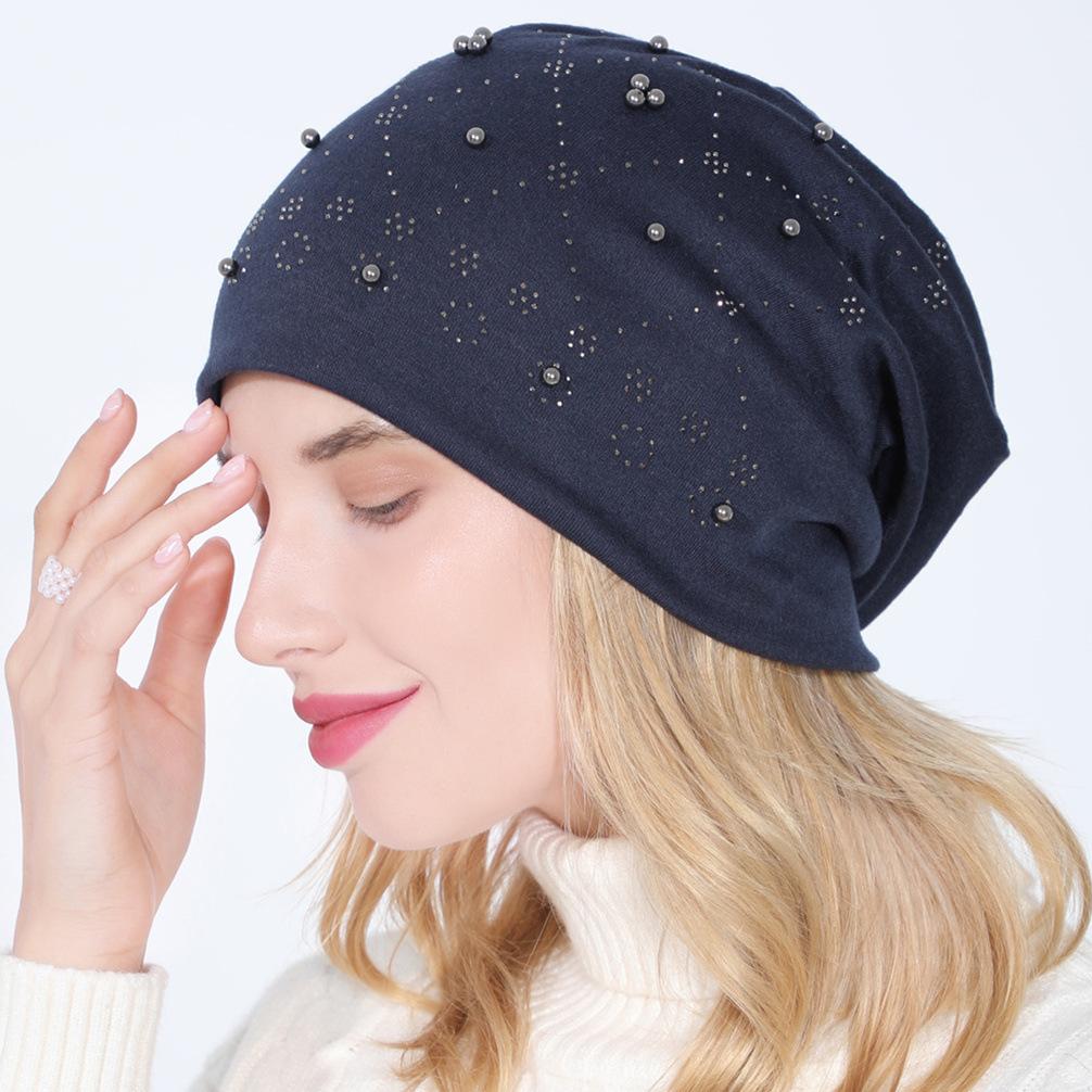 Double Layer Cotton Fabric Hot Diamond and Beaded Hooded Cap A Fashionable Versatile and Warm Postpartum Cap for Autumn and Winter