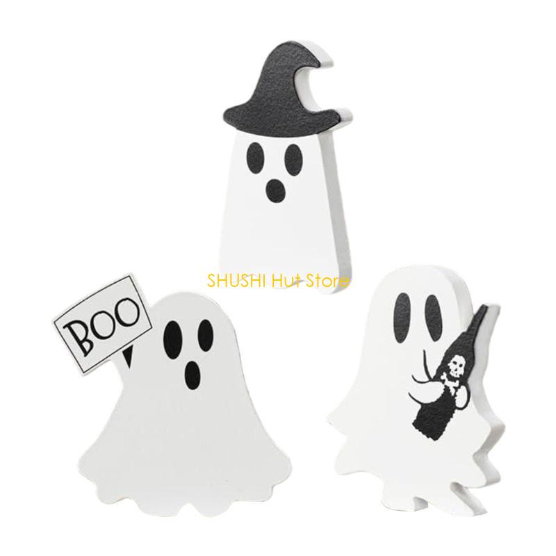 3 Piece Halloween Ghostly Table Sign Tiered Tray Decorations Funny Figurine Home Office Holiday Tabletop Shelf Display D57B
