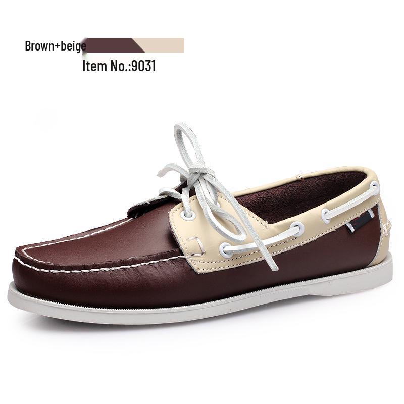 Plus Size Men's Casual Lace-Up Genuine Leather Boat Shoes with Rubber Sole for Driving
