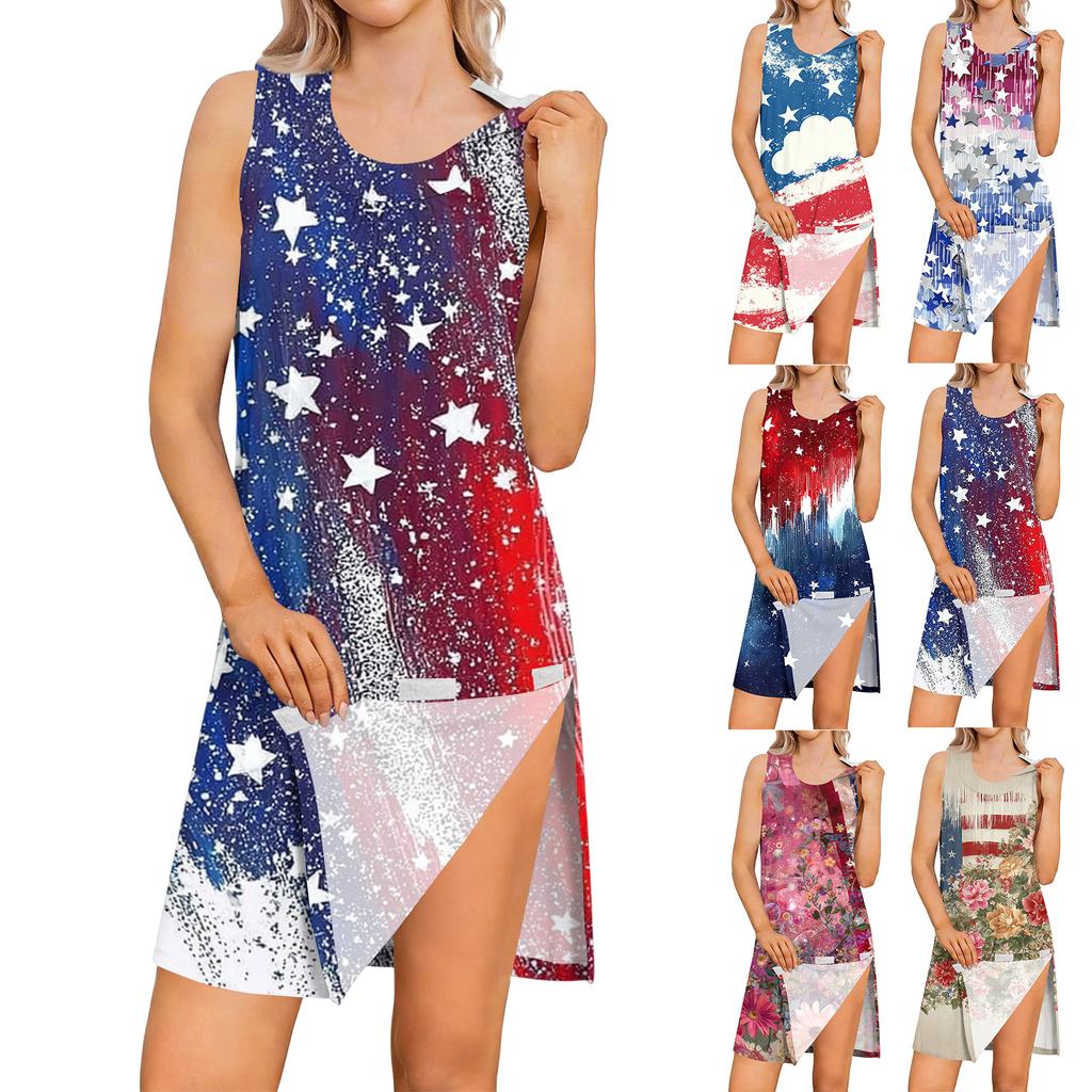 Sleeveless Tear Away Dress for Women Post Shoulder Surgery Independence Day Star Print Adjustable Fit Lightweight Summer Dress