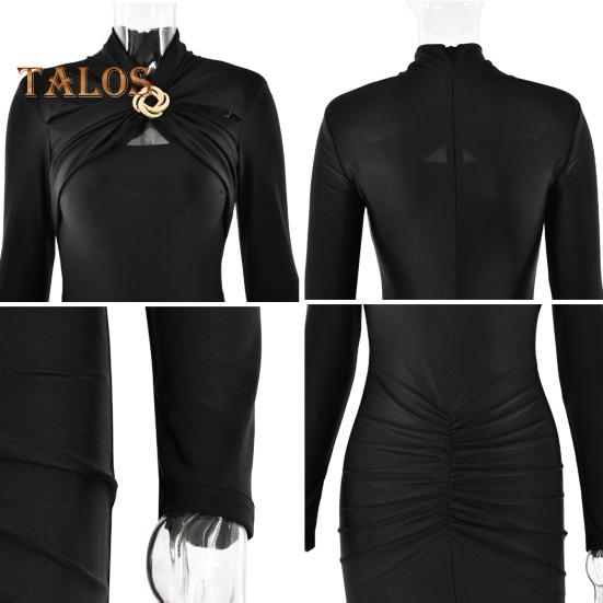 Women Evening Dress Hollow Out Bodycon Metal Buckle Ruched Elastic Pure Color Midi Dress Long Sleeve Prom Party Dress