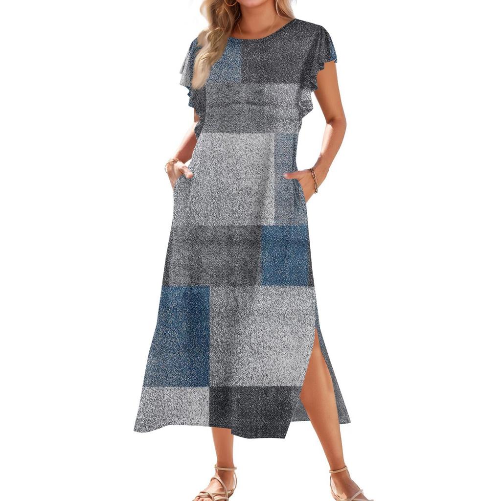 Ladies' Fashionable Summer Casual Pleated Sleeves, Loose Color Block Patchwork Printed Short-sleeved Round Tie Pocket Beach Dress