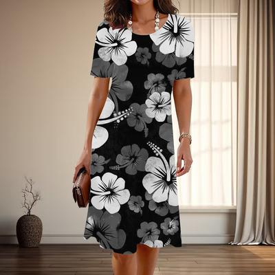 Women's Fashion Graceful Flower Print Summer Spring Short Sleeve O-Neck Casual Dresses