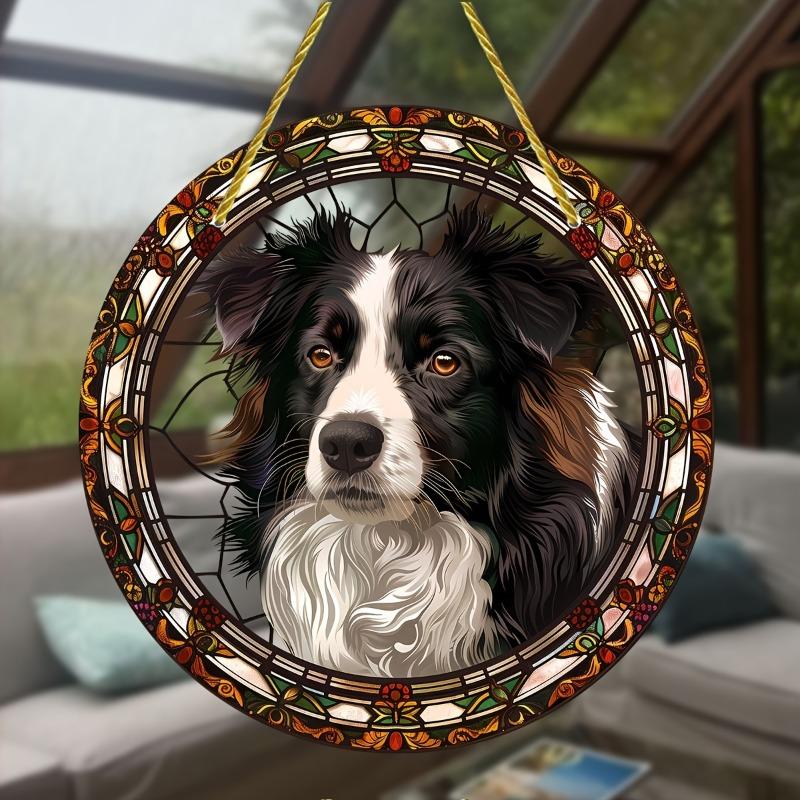 2D Flat Acrylic Border Collie Stained Glass Style Sun Catcher,Round Acrylic Window Hanging Decoration, Animal Theme, Home Decor for Living Room Office
