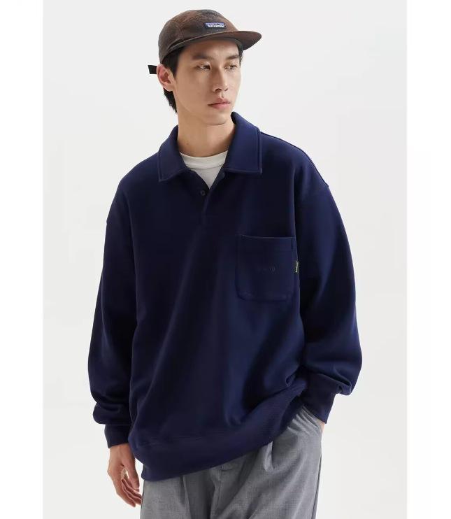 Autumn/Winter Long Sleeve Loose Fit Lapel Hoodie Pullover Casual Polo Shirt.