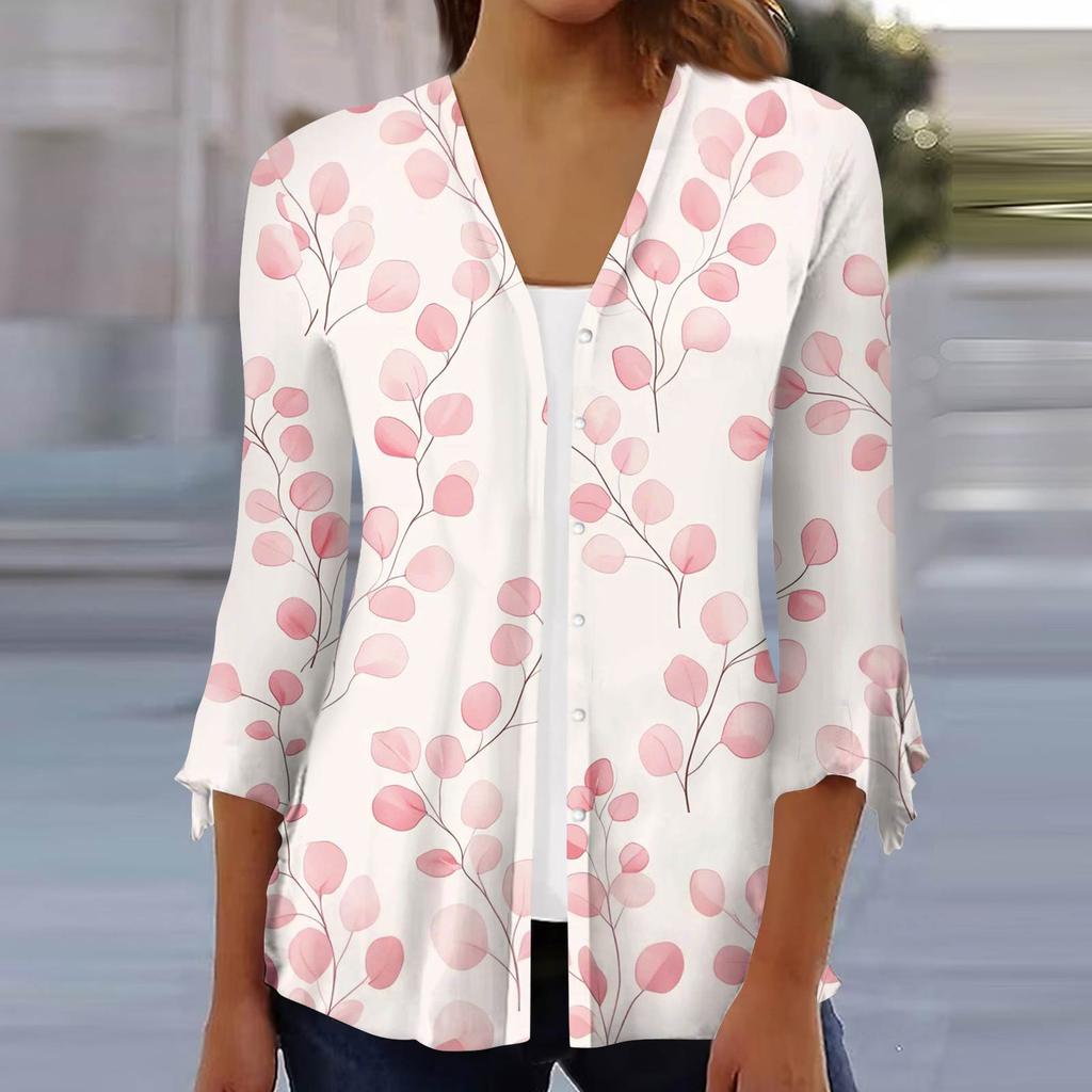 Women's Fashion Loose Casual Printed Seven-Part Sleeve Button Down Blouse Cardigan Top