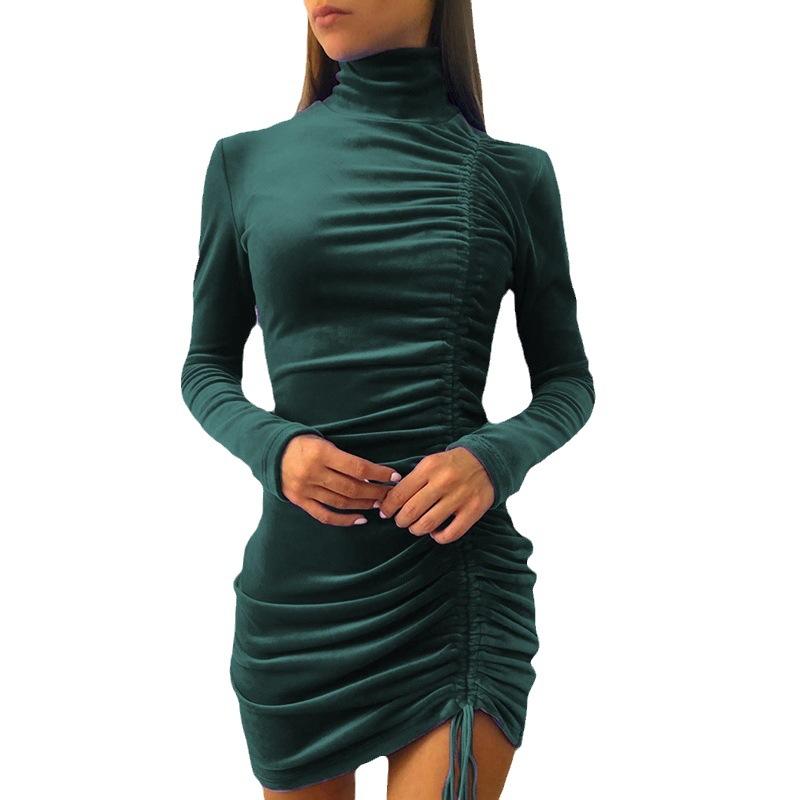 

New Velvet Bodycon Dress, Women s High Neck Long Sleeve Gown with Drawstring, Elegant Slim Fit Cocktail & Evening Dress for Autumn Winter 3XL зелений