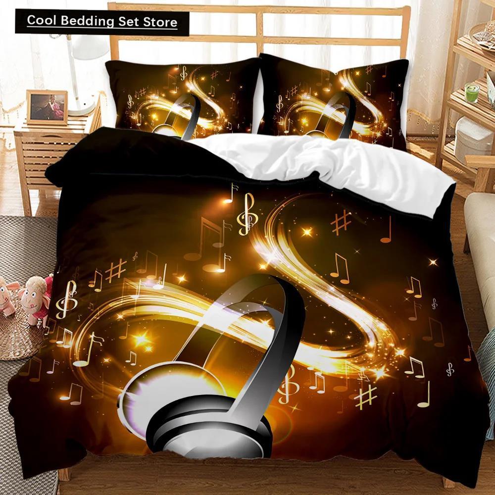 Set de lenjerie de pat cu husă de pilotă pentru căști, muzică rock, melodie, notă, alb rece, căști pentru băieți, dublă, dimensiunea Queen, King, din poliester, husă de pilotă
