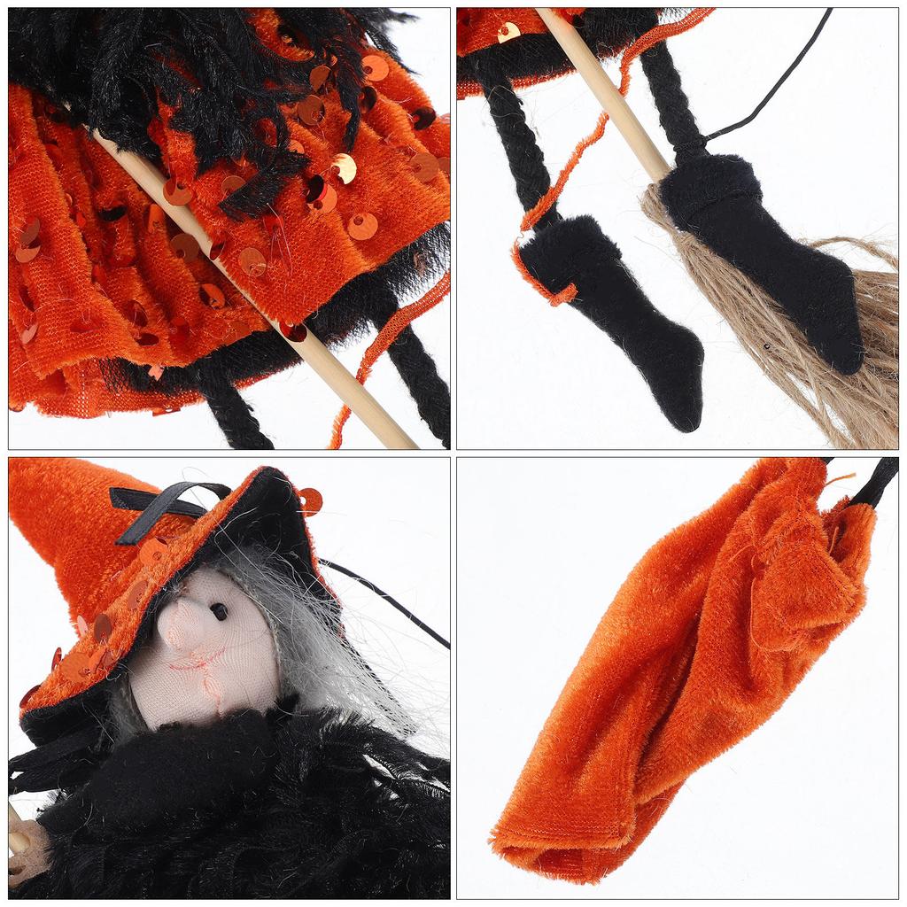 Spooky Flying Witch On Broomstick Hanging Decoration Fabric Wood Jute Rope Halloween Prop for Indoor Outdoor Haunted House