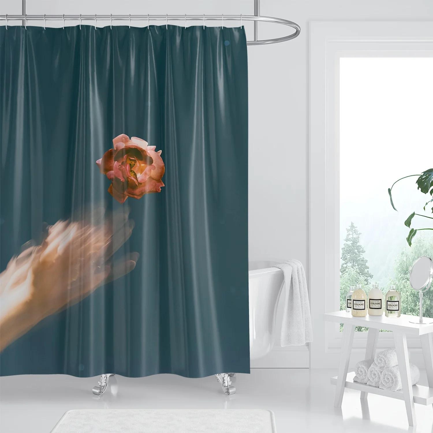 

Artistic Shower Curtain - Digital Print, Dark Teal & Pink Rose, Polyester, Includes Hooks, Machine Washable W60H190(CM)-1 Pcs