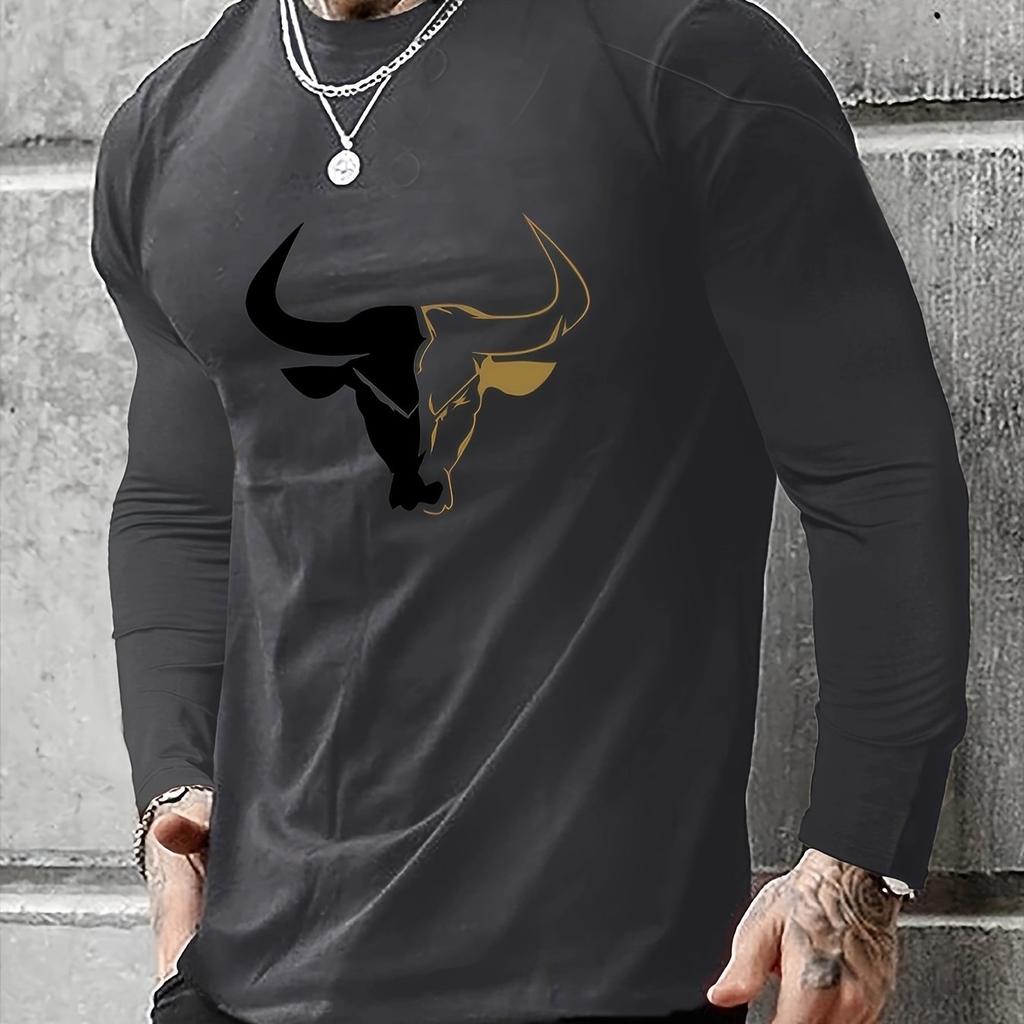 Spring and Autumn Round Neck 3D Bull Head Graphic Printed Top Fashionable Casual Long Sleeved Men's T-shirts