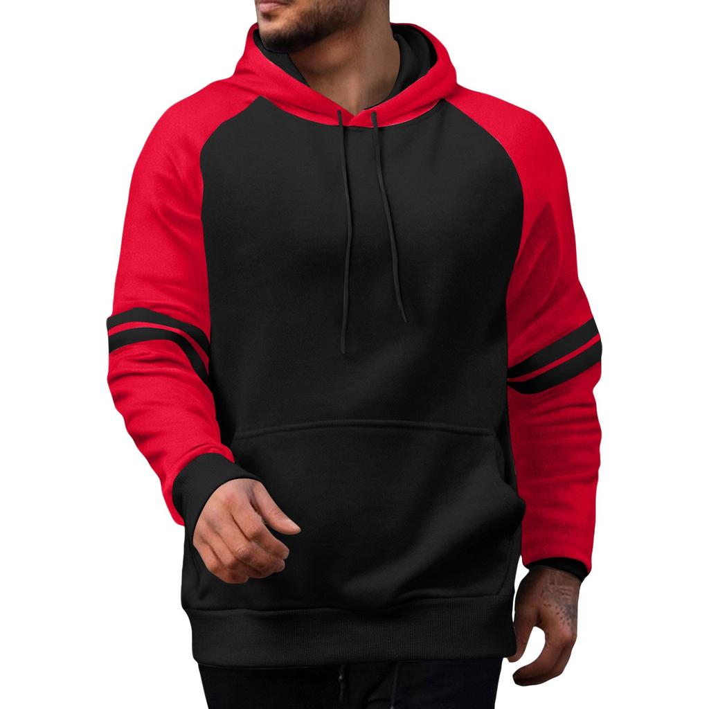 Men's Casual Loose Sweatshirt Blocking Color Drawstring Large Pocket Hoodie Raglan Sleeve Sports Sweatshirt