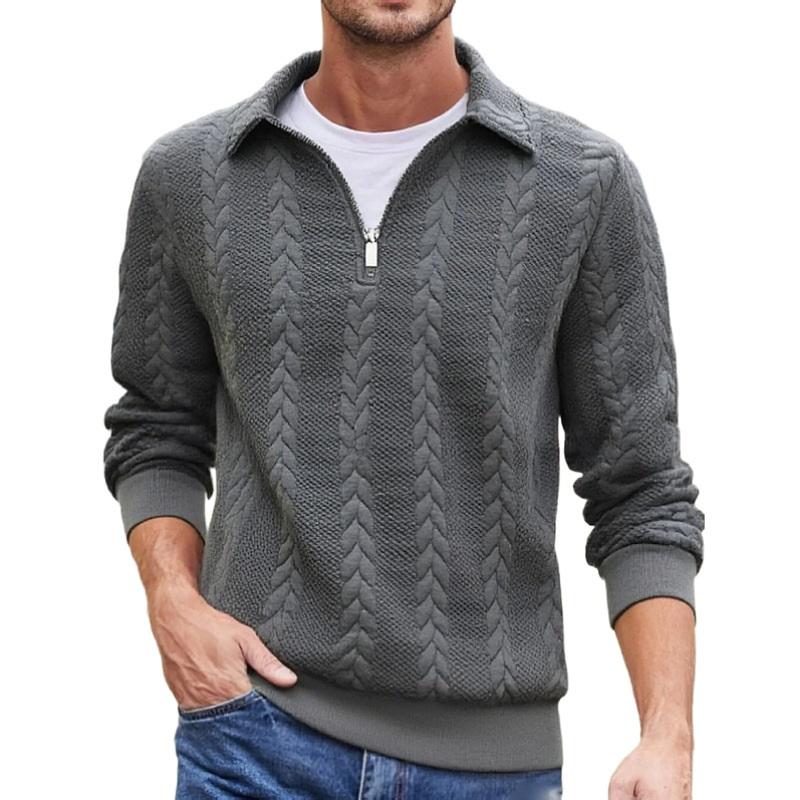 Men's Cable Knit Sweater Half Zip Polo Collar Casual Knitted Top