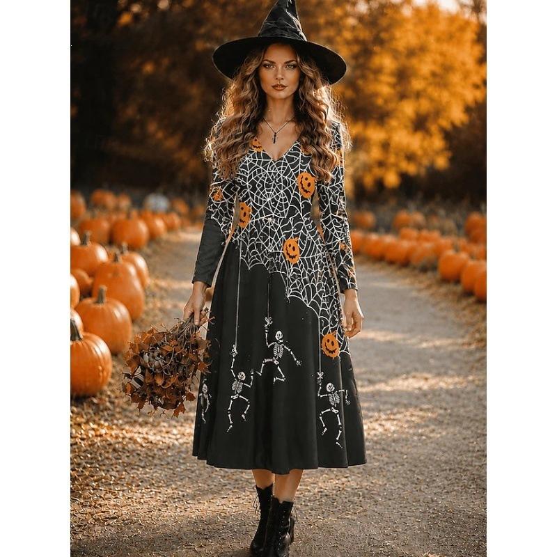 Dlouhé šaty Šaty áčkového střihu Vintage Bohémské Párty Běžné Lebka Dlouhý rukáv Výstřih do V Halloween