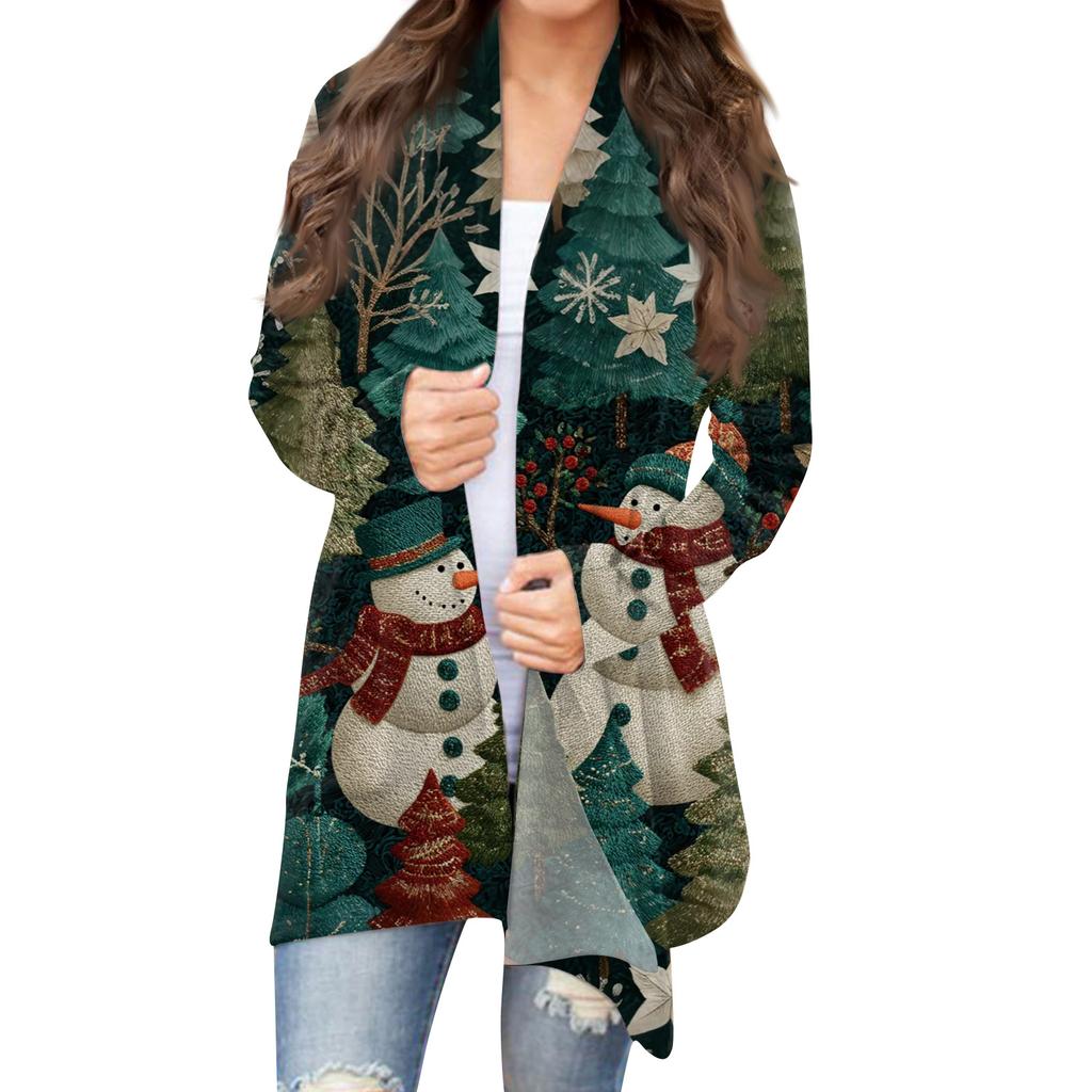 Women's Fashion Christmas Print Jacket Long Sleeve Casual Cardigan Coat