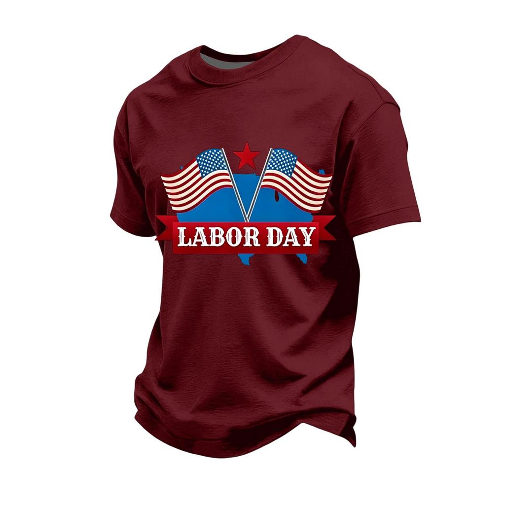 Men's Loose Fit Short Sleeve Casual T-Shirt Labor Day Printed Crew Neck Cotton Blend Top for Everyday Wear