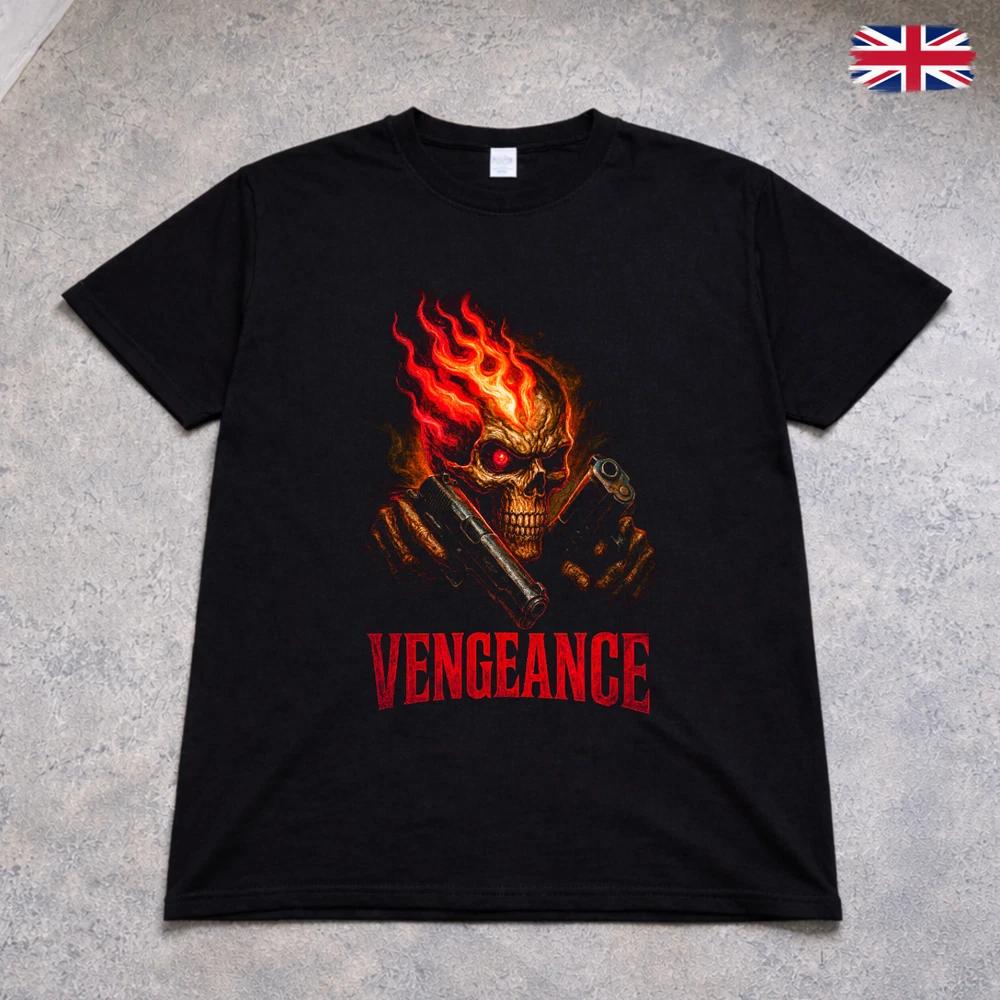 Flaming Skull Vengeance T Shirt Biker Graphic Tee Gothic Fire Skull Shirt 2XL