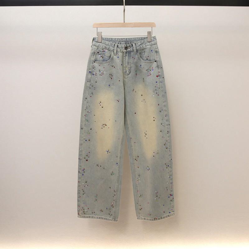 Womens High-Waisted A-Line Wide-Leg Denim Pants Winter Casual Chic Relaxed Fit Cotton Blend