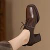 Retro Style Square Head Lace-up Leather Shoes Deep Mouth Single Shoes Women's 2025 Autumn New Versatile British Style High Heels Women's Shoes