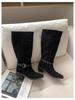 Autumn and winter new pointed braided belt buckle thick heel flanged boots suede thin