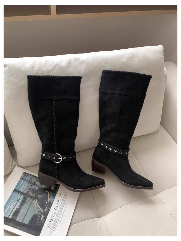 Autumn and winter new pointed braided belt buckle thick heel flanged boots suede thin