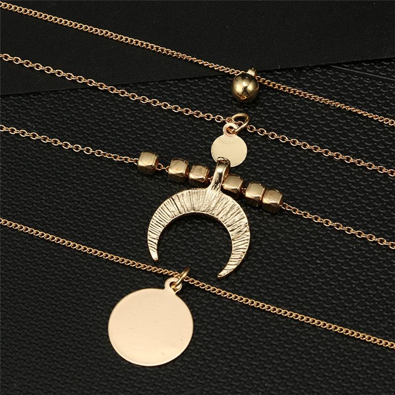 Multilayer Choker Horn Long Crescent Moon Pendant Necklace Chain Jewelry Women