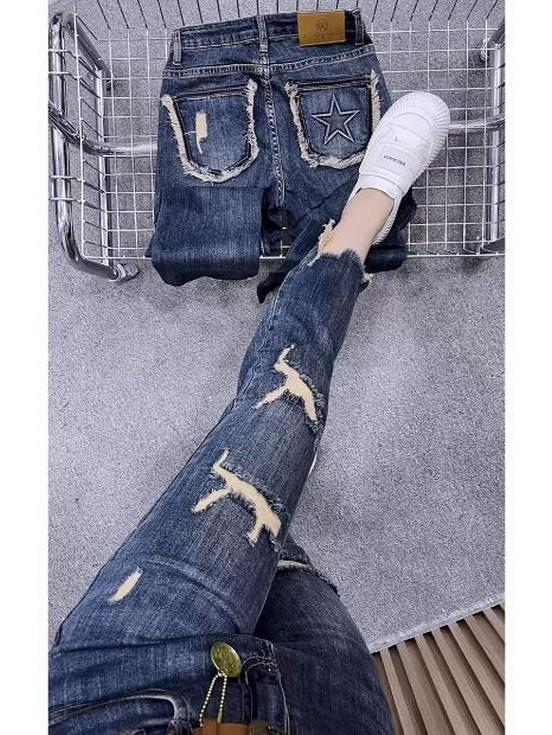 Women's Ripped Jeans for Pear-Shaped Figures, Autumn Style, Plus Size, Elastic, Slim Fit, Nine-Point Cigarette Pants