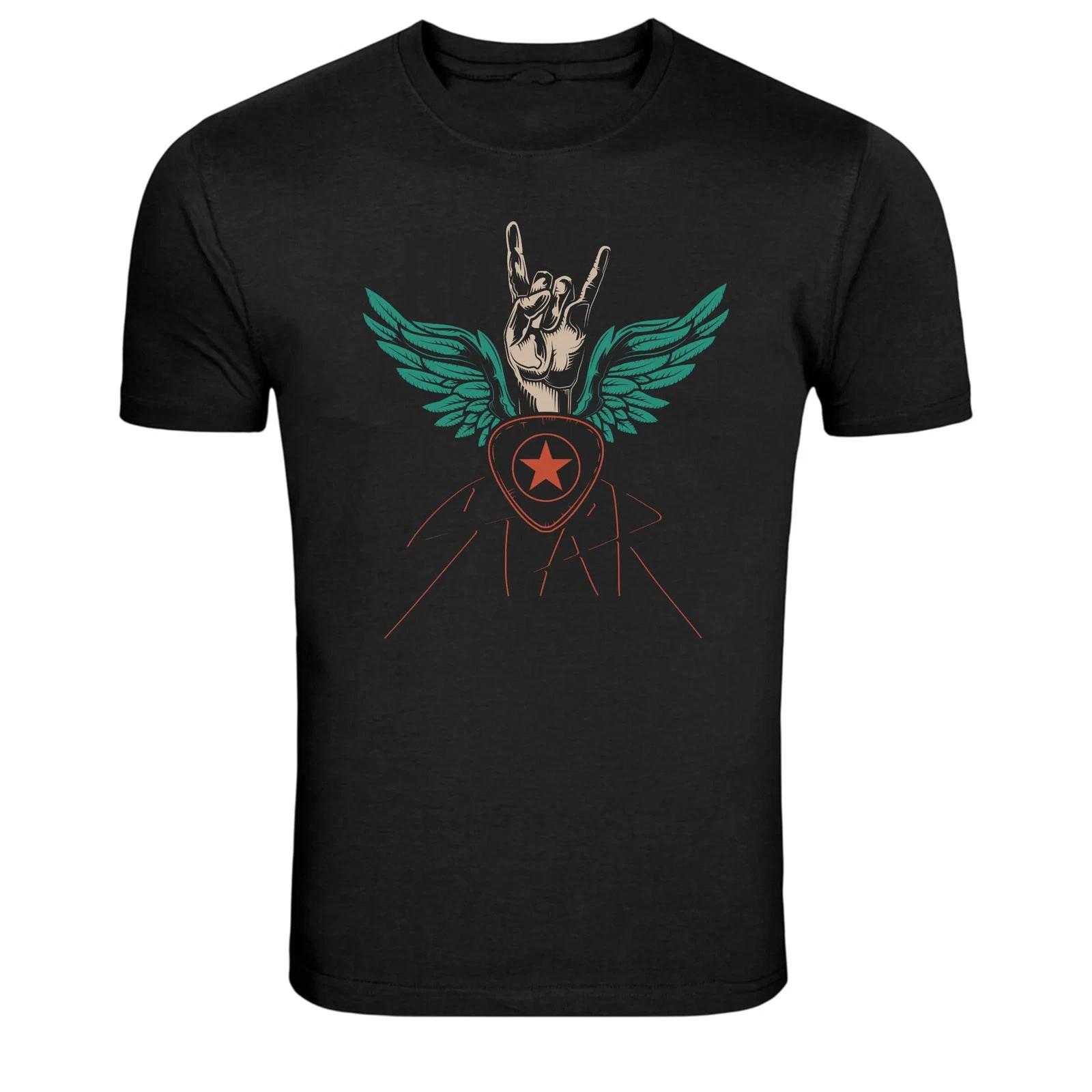 Rock Hand Wings Guitar Pick Rock Music Graphic T-Shirt M