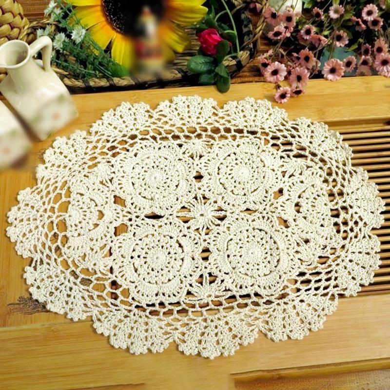 Dining Placemat Decoration Retro Oval Hand Crochet Cotton Lace Doilies