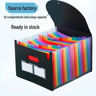 A4 Black Accordion File Folder, 25 Pockets, Large Capacity, Three-Sided Seal, Office Document Storage Bag PP Material