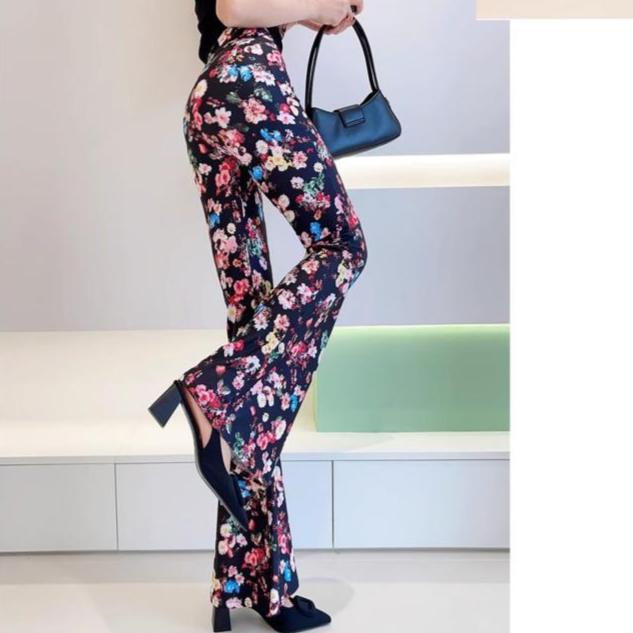 Spring Thin Women's High-waisted Flared Pants Slim Fit Trousers Printed Stretch Flared Pants